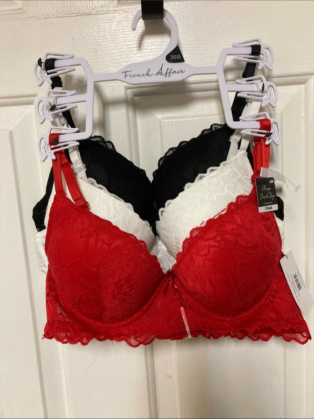 French Affair Lace Bra 3-Pack — Red, White & Black